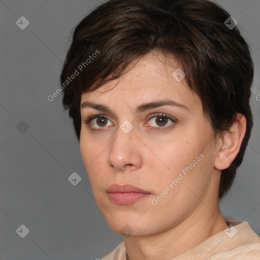 Neutral white young-adult female with short  brown hair and brown eyes