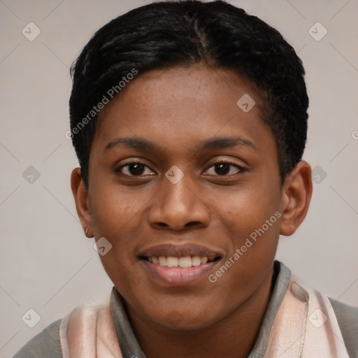 Joyful latino young-adult female with short  black hair and brown eyes