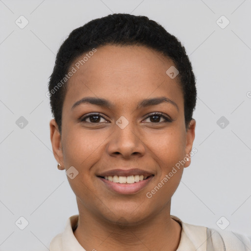 Joyful latino young-adult female with short  brown hair and brown eyes