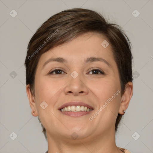 Joyful white young-adult female with medium  brown hair and brown eyes