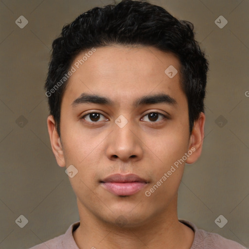 Neutral latino young-adult male with short  black hair and brown eyes