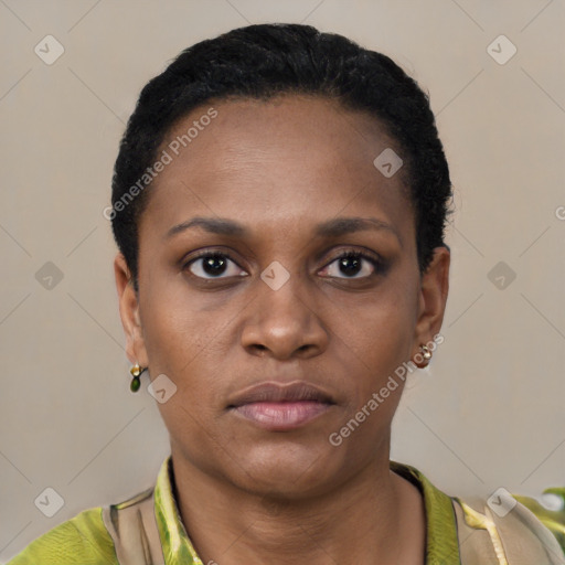 Neutral black young-adult female with short  black hair and brown eyes