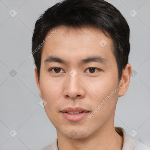 Neutral asian young-adult male with short  brown hair and brown eyes