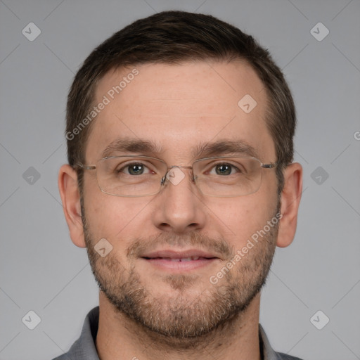 Joyful white adult male with short  brown hair and grey eyes