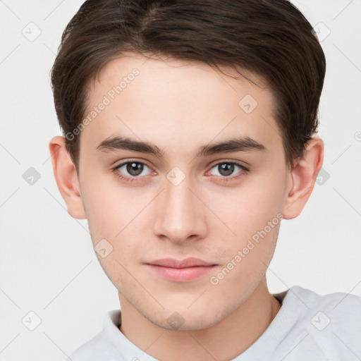 Neutral white young-adult male with short  brown hair and brown eyes