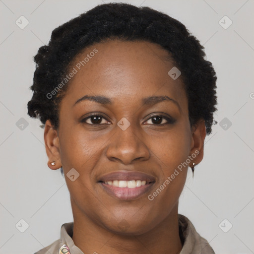 Joyful latino young-adult female with short  black hair and brown eyes