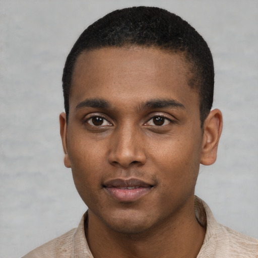 Neutral black young-adult male with short  black hair and brown eyes