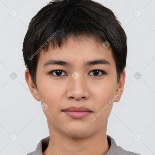 Neutral asian young-adult male with short  brown hair and brown eyes