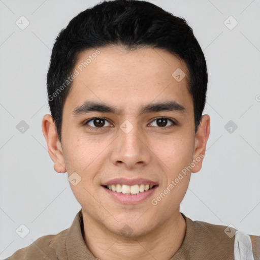 Joyful white young-adult male with short  black hair and brown eyes