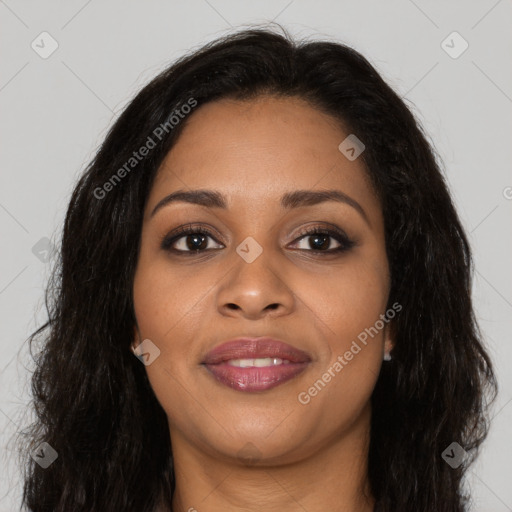 Joyful black young-adult female with long  brown hair and brown eyes