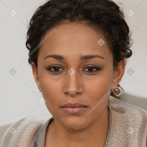 Neutral latino young-adult female with short  brown hair and brown eyes