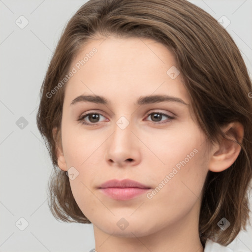 Neutral white young-adult female with medium  brown hair and brown eyes