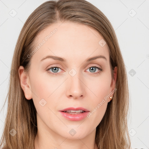 Neutral white young-adult female with long  brown hair and grey eyes