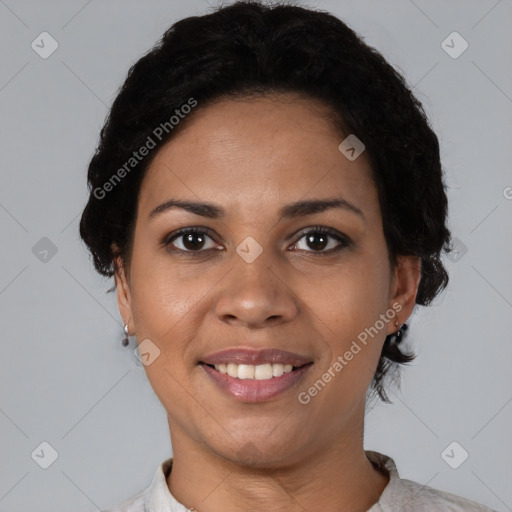 Joyful latino young-adult female with short  black hair and brown eyes