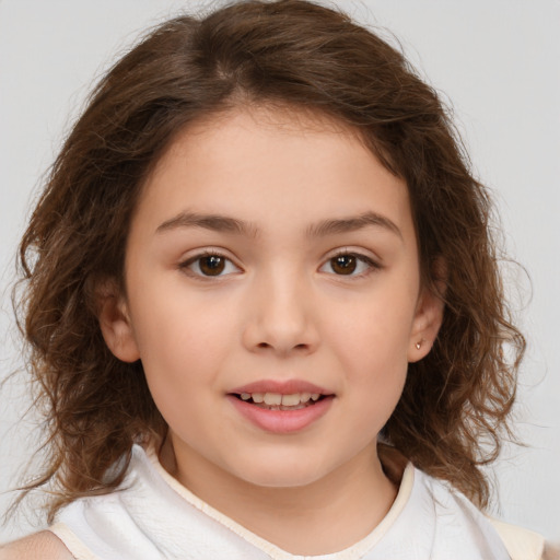 Joyful white child female with medium  brown hair and brown eyes