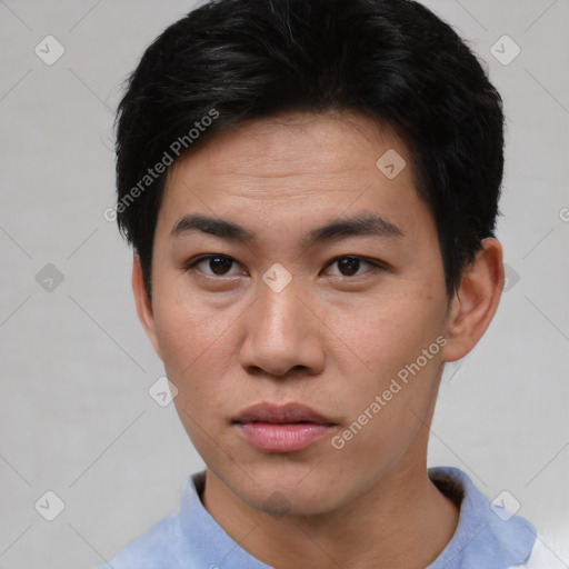 Neutral asian young-adult male with short  brown hair and brown eyes