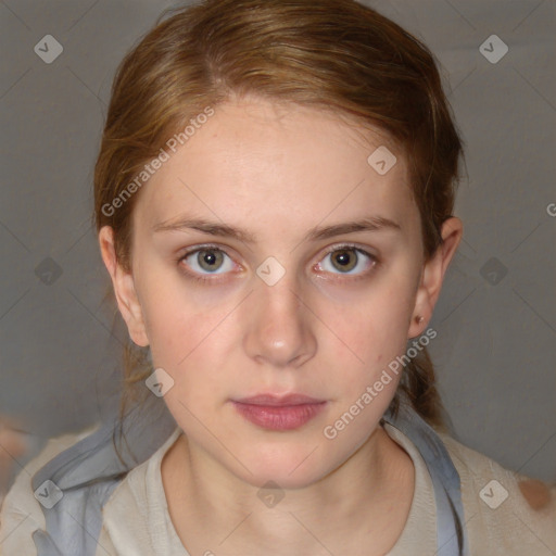 Neutral white young-adult female with medium  brown hair and blue eyes