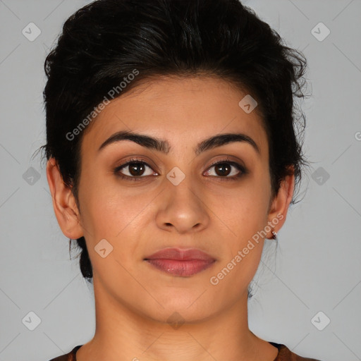 Joyful latino young-adult female with medium  brown hair and brown eyes