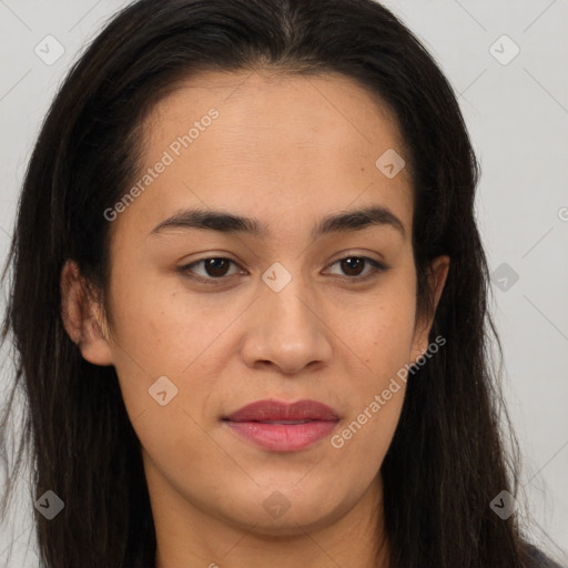 Joyful latino young-adult female with long  brown hair and brown eyes