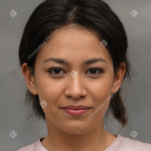 Joyful latino young-adult female with medium  brown hair and brown eyes