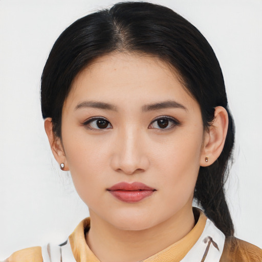 Neutral asian young-adult female with medium  black hair and brown eyes