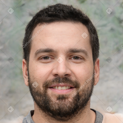 Neutral white young-adult male with short  brown hair and brown eyes