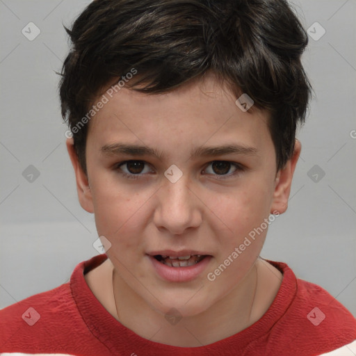 Joyful white child female with short  brown hair and brown eyes