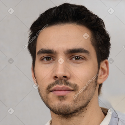 Neutral white young-adult male with short  black hair and brown eyes