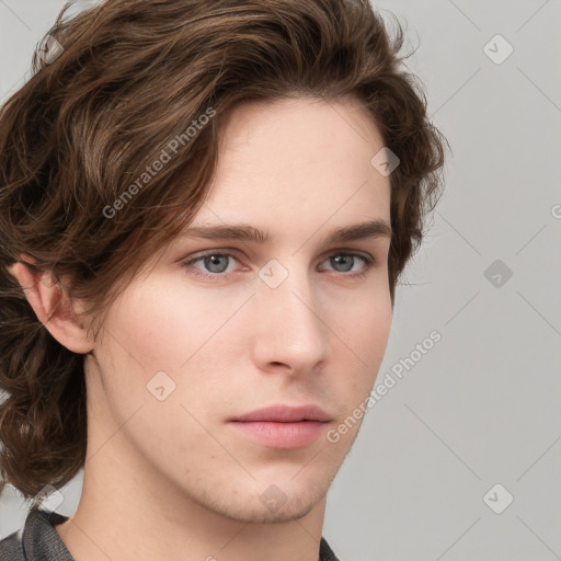 Neutral white young-adult male with medium  brown hair and grey eyes