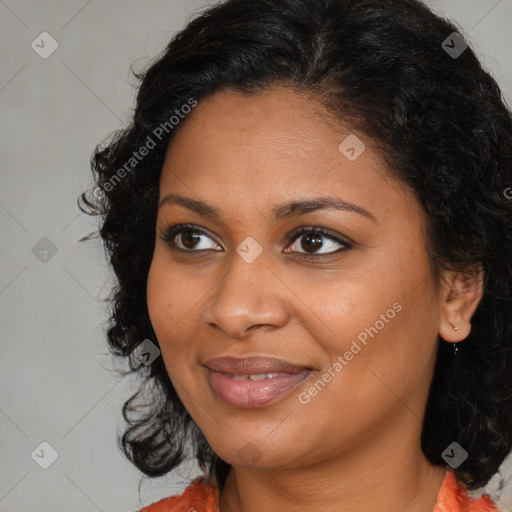 Joyful black young-adult female with medium  brown hair and brown eyes