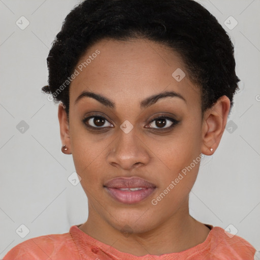 Joyful latino young-adult female with short  black hair and brown eyes