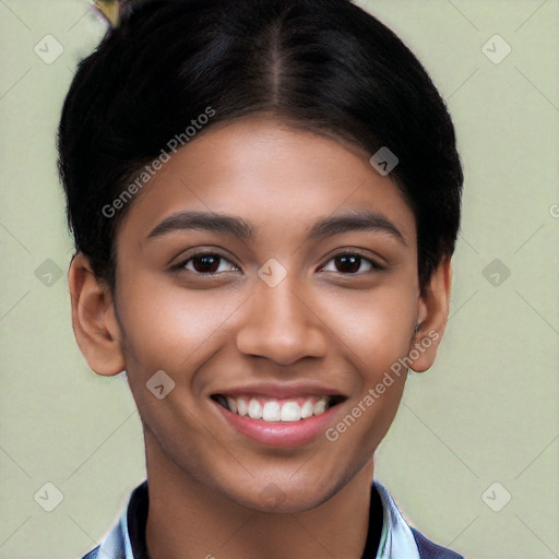 Joyful latino young-adult female with short  black hair and brown eyes