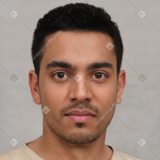 Neutral latino young-adult male with short  black hair and brown eyes