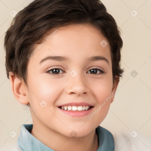 Joyful white child female with short  brown hair and brown eyes