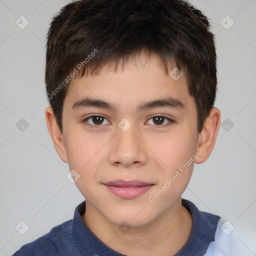 Joyful white child male with short  brown hair and brown eyes