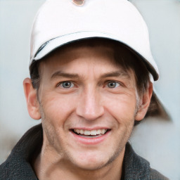 Joyful white adult male with short  brown hair and grey eyes