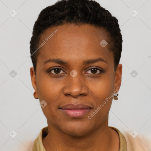 Joyful black young-adult female with short  brown hair and brown eyes