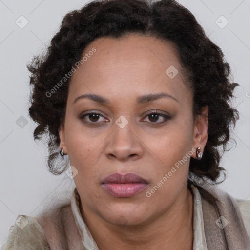 Neutral black adult female with short  brown hair and brown eyes