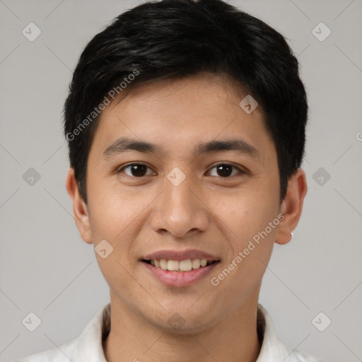 Joyful white young-adult male with short  black hair and brown eyes