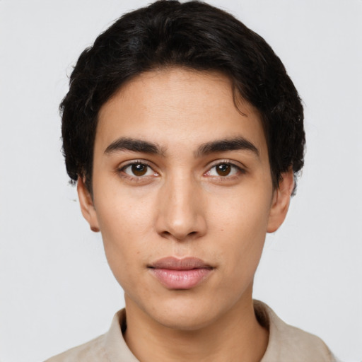 Neutral latino young-adult male with short  brown hair and brown eyes