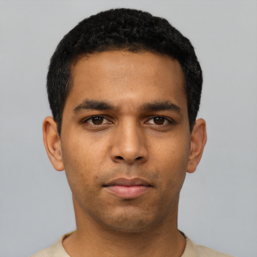 Neutral latino young-adult male with short  black hair and brown eyes