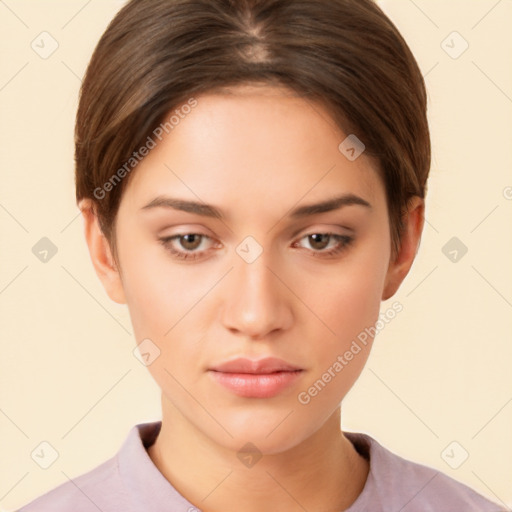 Neutral white young-adult female with short  brown hair and brown eyes