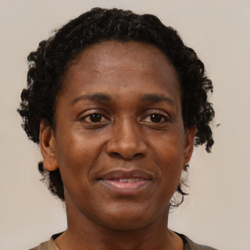 Joyful black adult female with short  brown hair and brown eyes