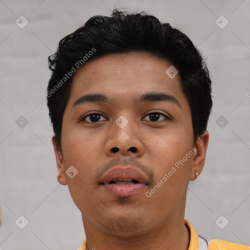 Neutral asian young-adult male with short  black hair and brown eyes