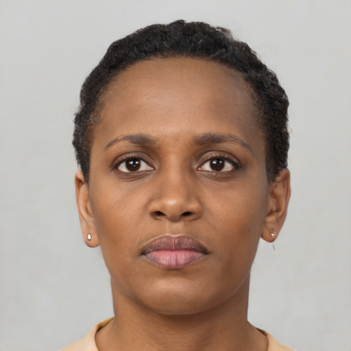 Neutral black young-adult female with short  brown hair and brown eyes