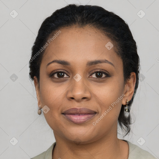 Joyful latino young-adult female with short  black hair and brown eyes