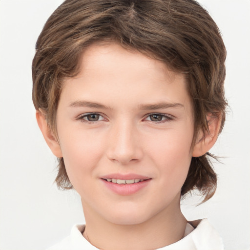 Joyful white child female with medium  brown hair and brown eyes