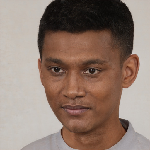 Neutral black young-adult male with short  black hair and brown eyes