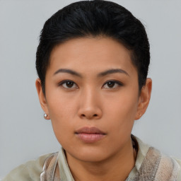 Neutral asian young-adult female with short  black hair and brown eyes