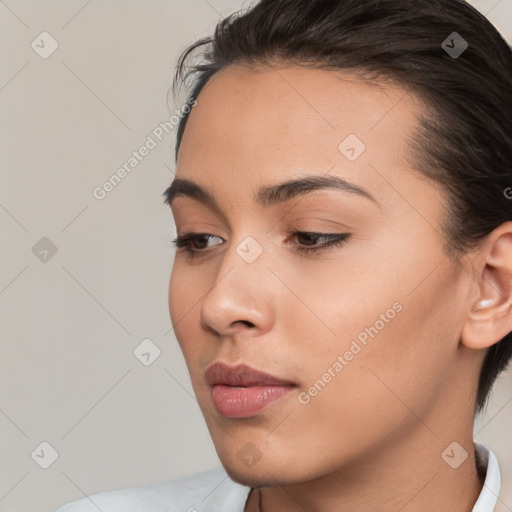 Neutral white young-adult female with medium  brown hair and brown eyes